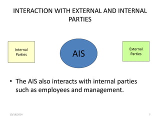 INTERACTION WITH EXTERNAL AND INTERNAL 
PARTIES 
Internal 
Parties 
AIS External 
Parties 
• The AIS also interacts with internal parties 
such as employees and management. 
10/18/2014 7 
 
