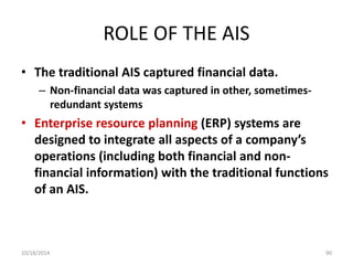 • The traditional AIS captured financial data. 
– Non-financial data was captured in other, sometimes-redundant 
systems 
• Enterprise resource planning (ERP) systems are 
designed to integrate all aspects of a company’s 
operations (including both financial and non-financial 
information) with the traditional functions 
of an AIS. 
ROLE OF THE AIS 
10/18/2014 90 
 