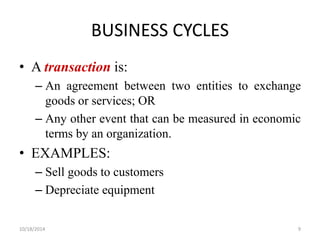 BUSINESS CYCLES 
• A transaction is: 
– An agreement between two entities to exchange 
goods or services; OR 
– Any other event that can be measured in economic 
terms by an organization. 
• EXAMPLES: 
– Sell goods to customers 
– Depreciate equipment 
10/18/2014 9 
 
