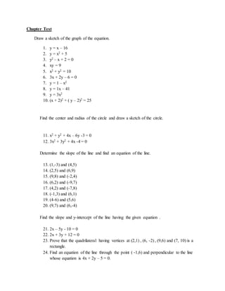 Chapter Test 
Draw a sketch of the graph of the equation. 
1. y = x – 16 
2. y = x2 + 5 
3. y2 – x + 2 = 0 
4. xy = 9 
5. x2 + y2 = 10 
6. 3x + 2y – 6 = 0 
7. y = 1 – x2 
8. y = 1x – 41 
9. y = 3x2 
10. (x + 2)2 + ( y – 2)2 = 25 
Find the center and radius of the circle and draw a sketch of the circle. 
11. x2 + y2 + 4x – 6y -3 = 0 
12. 3x2 + 3y2 + 4x -4 = 0 
Determine the slope of the line and find an equation of the line. 
13. (1,-3) and (4,5) 
14. (2,5) and (6,9) 
15. (9,8) and (-2,4) 
16. (6,2) and (-9,7) 
17. (4,2) and (-7,8) 
18. (-1,3) and (6,1) 
19. (4-6) and (5,6) 
20. (9,7) and (6,-4) 
Find the slope and y-intercept of the line having the given equation . 
21. 2x – 5y - 10 = 0 
22. 2x + 3y + 12 = 0 
23. Prove that the quadrilateral having vertices at (2,1) , (6, -2) , (9,6) and (7, 10) is a 
rectangle. 
24. Find an equation of the line through the point ( -1,6) and perpendicular to the line 
whose equation is 4x + 2y – 5 = 0. 
 
