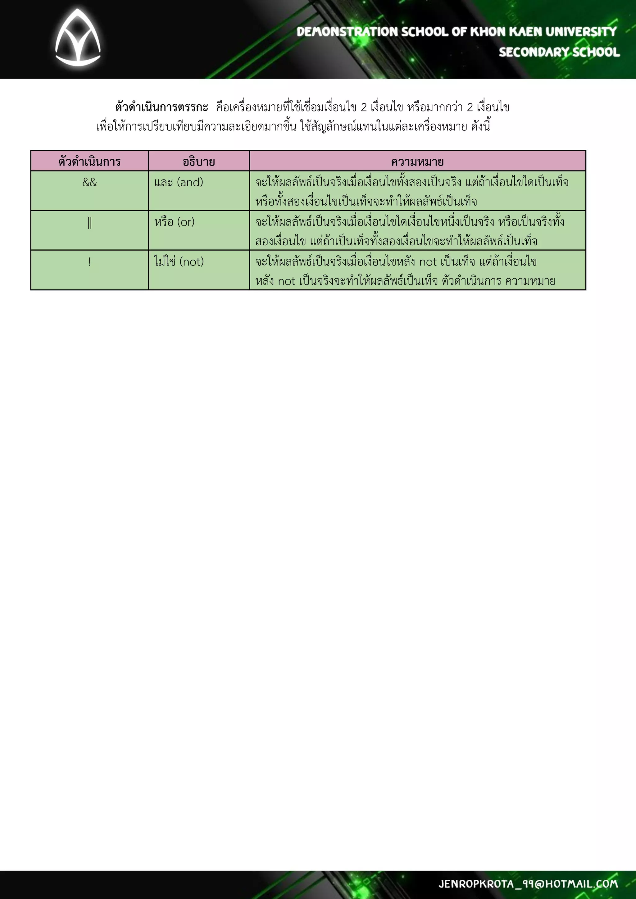 ตัวดาเนินการตรรกะ คือเครื่องหมายที่ใช้เชื่อมเงื่อนไข 2 เงื่อนไข หรือมากกว่า 2 เงื่อนไข เพื่อให้การเปรียบเทียบมีความละเอียดมากขึ้น ใช้สัญลักษณ์แทนในแต่ละเครื่องหมาย ดังนี้ ตัวดาเนินการ อธิบาย ความหมาย && และ (and) จะให้ผลลัพธ์เป็นจริงเมื่อเงื่อนไขทั้งสองเป็นจริง แต่ถ้าเงื่อนไขใดเป็นเท็จ หรือทั้งสองเงื่อนไขเป็นเท็จจะทาให้ผลลัพธ์เป็นเท็จ || หรือ (or) จะให้ผลลัพธ์เป็นจริงเมื่อเงื่อนไขใดเงื่อนไขหนึ่งเป็นจริง หรือเป็นจริงทั้ง สองเงื่อนไข แต่ถ้าเป็นเท็จทั้งสองเงื่อนไขจะทาให้ผลลัพธ์เป็นเท็จ ! ไม่ใช่ (not) จะให้ผลลัพธ์เป็นจริงเมื่อเงื่อนไขหลัง not เป็นเท็จ แต่ถ้าเงื่อนไข หลัง not เป็นจริงจะทาให้ผลลัพธ์เป็นเท็จ ตัวดาเนินการ ความหมาย 
