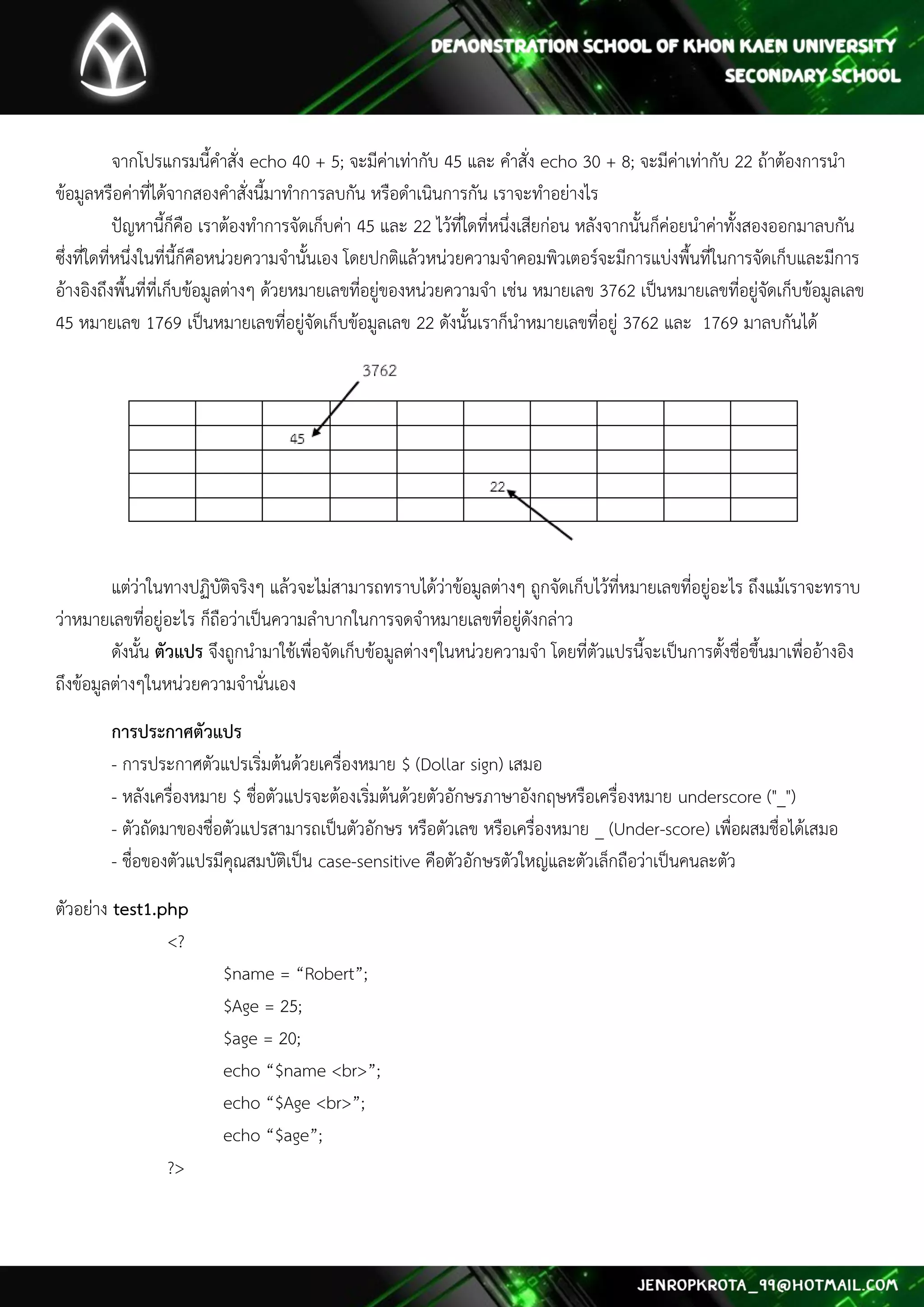 จากโปรแกรมนี้คาสั่ง echo 40 + 5; จะมีค่าเท่ากับ 45 และ คาสั่ง echo 30 + 8; จะมีค่าเท่ากับ 22 ถ้าต้องการนา ข้อมูลหรือค่าที่ได้จากสองคาสั่งนี้มาทาการลบกัน หรือดาเนินการกัน เราจะทาอย่างไร ปัญหานี้ก็คือ เราต้องทาการจัดเก็บค่า 45 และ 22 ไว้ที่ใดที่หนึ่งเสียก่อน หลังจากนั้นก็ค่อยนาค่าทั้งสองออกมาลบกัน ซึ่งที่ใดที่หนึ่งในที่นี้ก็คือหน่วยความจานั้นเอง โดยปกติแล้วหน่วยความจาคอมพิวเตอร์จะมีการแบ่งพื้นที่ในการจัดเก็บและมีการ อ้างอิงถึงพื้นที่ที่เก็บข้อมูลต่างๆ ด้วยหมายเลขที่อยู่ของหน่วยความจา เช่น หมายเลข 3762 เป็นหมายเลขที่อยู่จัดเก็บข้อมูลเลข 45 หมายเลข 1769 เป็นหมายเลขที่อยู่จัดเก็บข้อมูลเลข 22 ดังนั้นเราก็นาหมายเลขที่อยู่ 3762 และ 1769 มาลบกันได้ 
แต่ว่าในทางปฏิบัติจริงๆ แล้วจะไม่สามารถทราบได้ว่าข้อมูลต่างๆ ถูกจัดเก็บไว้ที่หมายเลขที่อยู่อะไร ถึงแม้เราจะทราบ ว่าหมายเลขที่อยู่อะไร ก็ถือว่าเป็นความลาบากในการจดจาหมายเลขที่อยู่ดังกล่าว ดังนั้น ตัวแปร จึงถูกนามาใช้เพื่อจัดเก็บข้อมูลต่างๆในหน่วยความจา โดยที่ตัวแปรนี้จะเป็นการตั้งชื่อขึ้นมาเพื่ออ้างอิง ถึงข้อมูลต่างๆในหน่วยความจานั่นเอง 
การประกาศตัวแปร - การประกาศตัวแปรเริ่มต้นด้วยเครื่องหมาย $ (Dollar sign) เสมอ - หลังเครื่องหมาย $ ชื่อตัวแปรจะต้องเริ่มต้นด้วยตัวอักษรภาษาอังกฤษหรือเครื่องหมาย underscore ("_") - ตัวถัดมาของชื่อตัวแปรสามารถเป็นตัวอักษร หรือตัวเลข หรือเครื่องหมาย _ (Under-score) เพื่อผสมชื่อได้เสมอ - ชื่อของตัวแปรมีคุณสมบัติเป็น case-sensitive คือตัวอักษรตัวใหญ่และตัวเล็กถือว่าเป็นคนละตัว 
ตัวอย่าง test1.php <? $name = “Robert”; $Age = 25; $age = 20; echo “$name <br>”; echo “$Age <br>”; echo “$age”; ?>  