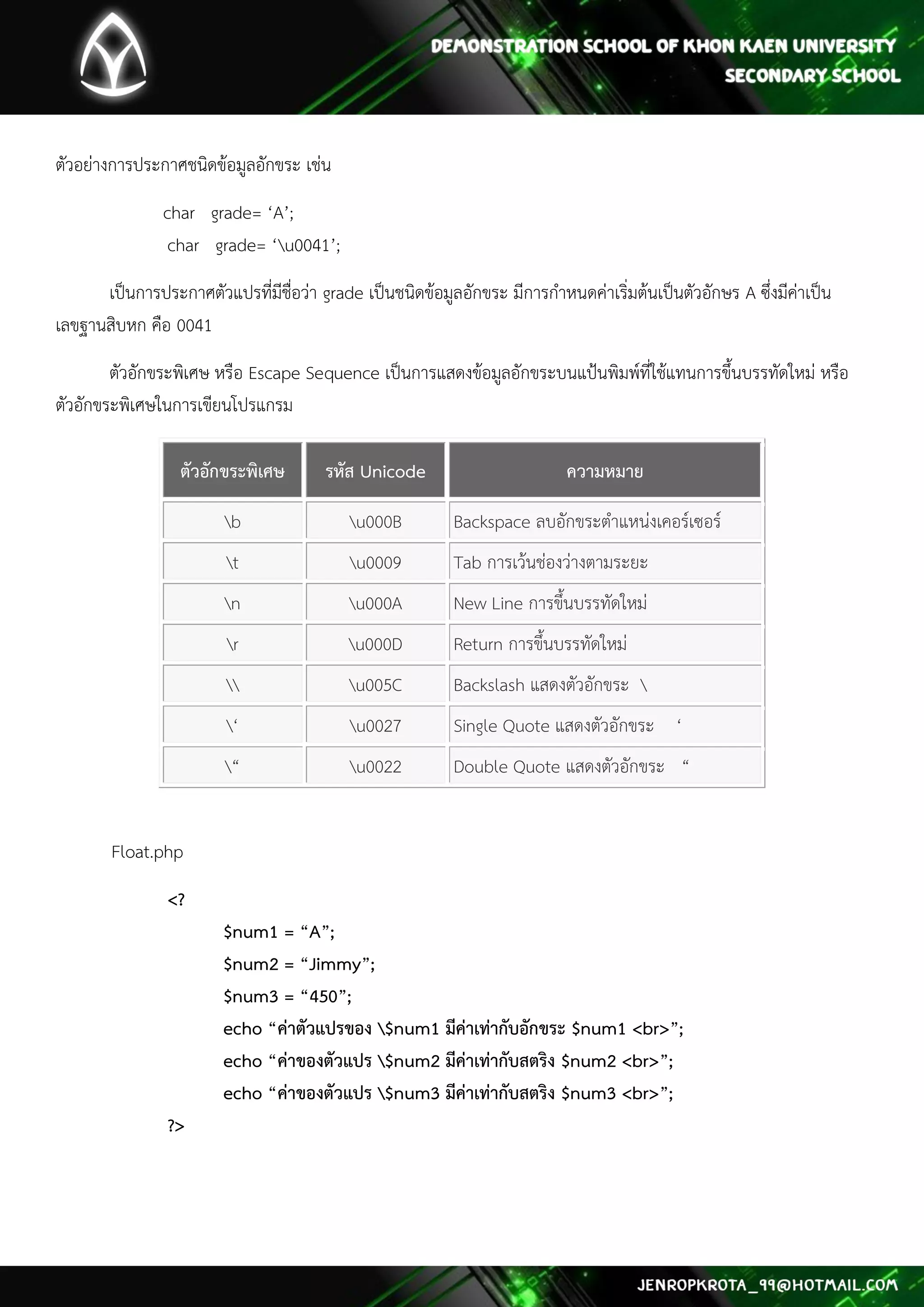 ตัวอย่างการประกาศชนิดข้อมูลอักขระ เช่น 
char grade= ‘A’; char grade= ‘u0041’; 
เป็นการประกาศตัวแปรที่มีชื่อว่า grade เป็นชนิดข้อมูลอักขระ มีการกาหนดค่าเริ่มต้นเป็นตัวอักษร A ซึ่งมีค่าเป็น เลขฐานสิบหก คือ 0041 
ตัวอักขระพิเศษ หรือ Escape Sequence เป็นการแสดงข้อมูลอักขระบนแป้นพิมพ์ที่ใช้แทนการขึ้นบรรทัดใหม่ หรือ ตัวอักขระพิเศษในการเขียนโปรแกรม ตัวอักขระพิเศษ รหัส Unicode ความหมาย b u000B Backspace ลบอักขระตาแหน่งเคอร์เซอร์ t u0009 Tab การเว้นช่องว่างตามระยะ n u000A New Line การขึ้นบรรทัดใหม่ r u000D Return การขึ้นบรรทัดใหม่  u005C Backslash แสดงตัวอักขระ  ‘ u0027 Single Quote แสดงตัวอักขระ ‘ “ u0022 Double Quote แสดงตัวอักขระ “ 
Float.php 
<? $num1 = “A”; $num2 = “Jimmy”; $num3 = “450”; echo “ค่าตัวแปรของ $num1 มีค่าเท่ากับอักขระ $num1 <br>”; echo “ค่าของตัวแปร $num2 มีค่าเท่ากับสตริง $num2 <br>”; echo “ค่าของตัวแปร $num3 มีค่าเท่ากับสตริง $num3 <br>”; ?> 
 