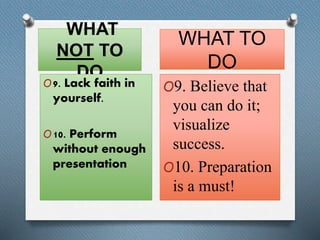 WHAT 
NOT TO 
DO 
O9. Lack faith in 
yourself. 
O10. Perform 
without enough 
presentation 
WHAT TO 
DO 
O9. Believe that 
you can do it; 
visualize 
success. 
O10. Preparation 
is a must! 
 