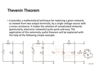 Thevenin Theorem 
• It provides a mathematical technique for replacing a given network, 
as viewed from two output terminals, by a single voltage source with 
a series resistance. It makes the solution of complicated networks 
(particularly, electronic networks) quite quick and easy. The 
application of this extremely useful theorem will be explained with 
the help of the following simple example. 
 