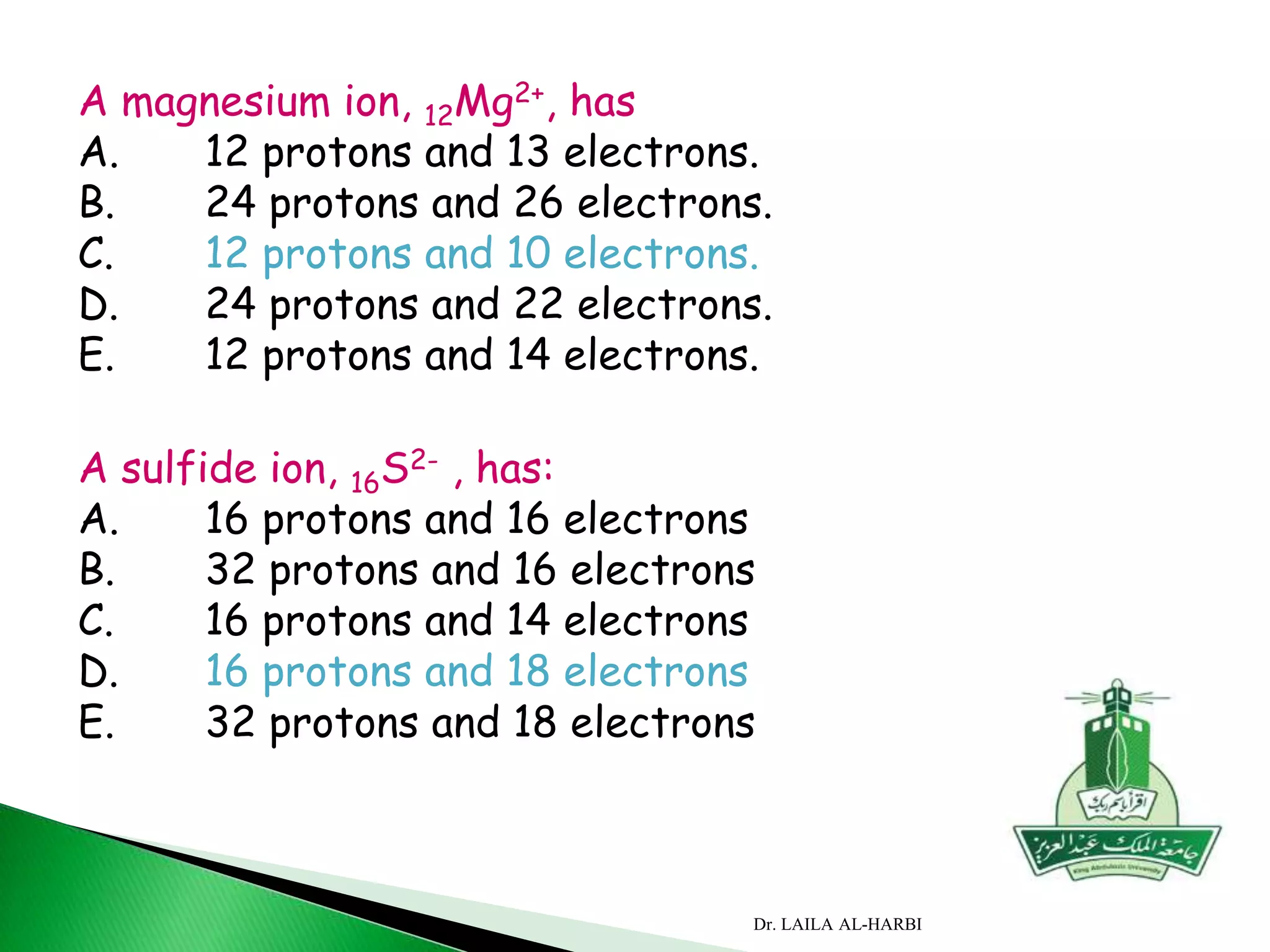 A magnesium ion, 12Mg2+, has
A. 12 protons and 13 electrons.
B. 24 protons and 26 electrons.
C. 12 protons and 10 electrons.
D. 24 protons and 22 electrons.
E. 12 protons and 14 electrons.
A sulfide ion, 16S2- , has:
A. 16 protons and 16 electrons
B. 32 protons and 16 electrons
C. 16 protons and 14 electrons
D. 16 protons and 18 electrons
E. 32 protons and 18 electrons
Dr. LAILA AL-HARBI
 