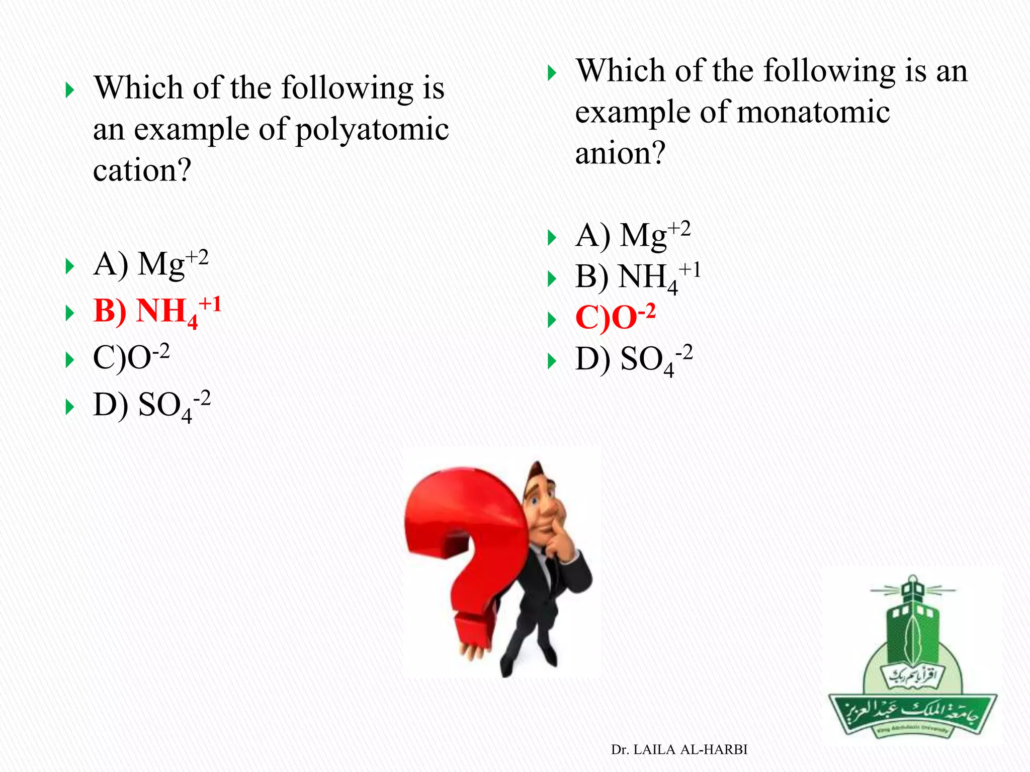  Which of the following is
an example of polyatomic
cation?
 A) Mg+2
 B) NH4
+1
 C)O-2
 D) SO4
-2
 Which of the following is an
example of monatomic
anion?
 A) Mg+2
 B) NH4
+1
 C)O-2
 D) SO4
-2
Dr. LAILA AL-HARBI
 