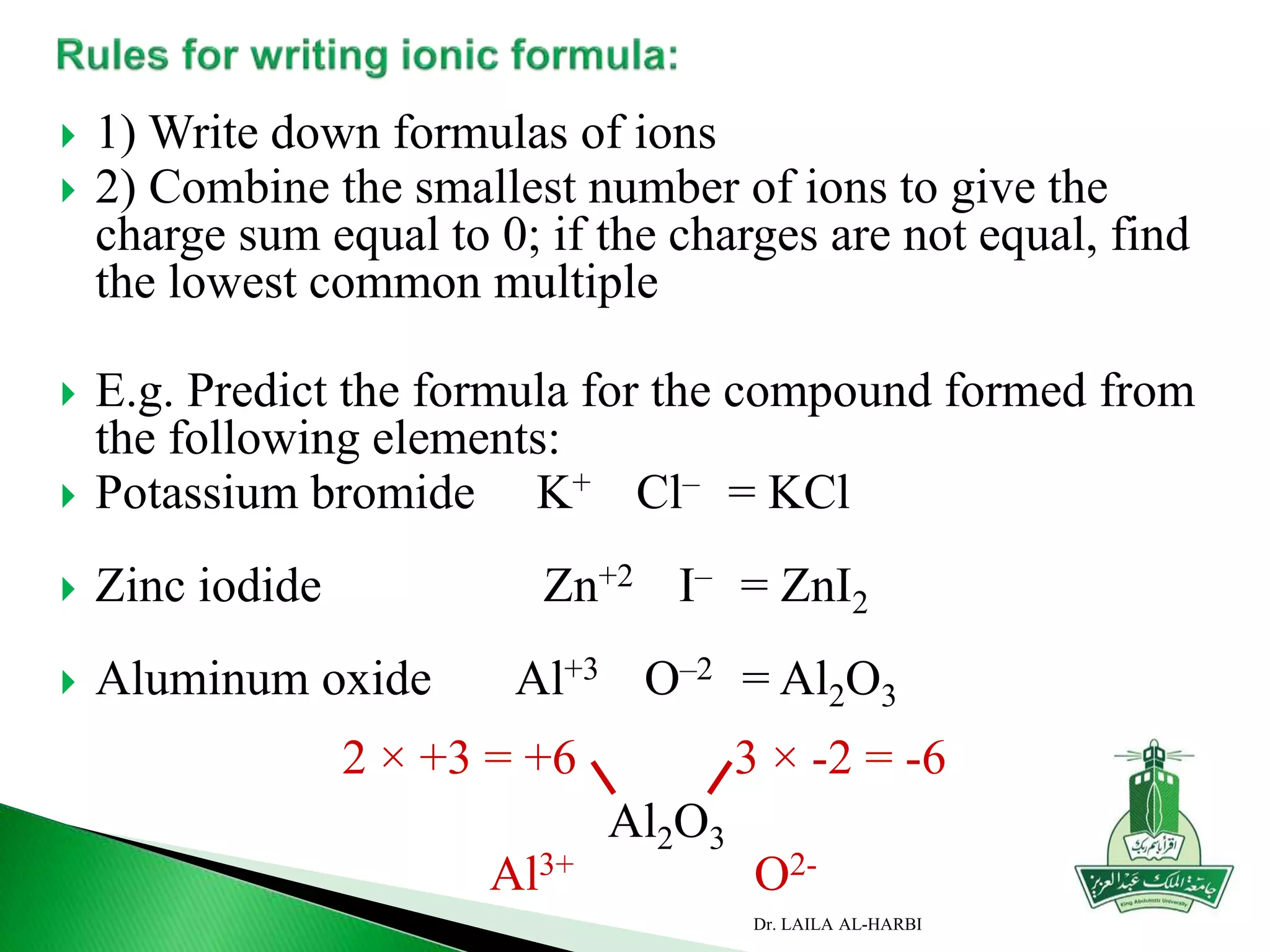  1) Write down formulas of ions
 2) Combine the smallest number of ions to give the
charge sum equal to 0; if the charges are not equal, find
the lowest common multiple
 E.g. Predict the formula for the compound formed from
the following elements:
 Potassium bromide K+ Cl– = KCl
 Zinc iodide Zn+2 I– = ZnI2
 Aluminum oxide Al+3 O–2 = Al2O3
Al2O3
2 × +3 = +6 3 × -2 = -6
Al3+ O2-
Dr. LAILA AL-HARBI
 