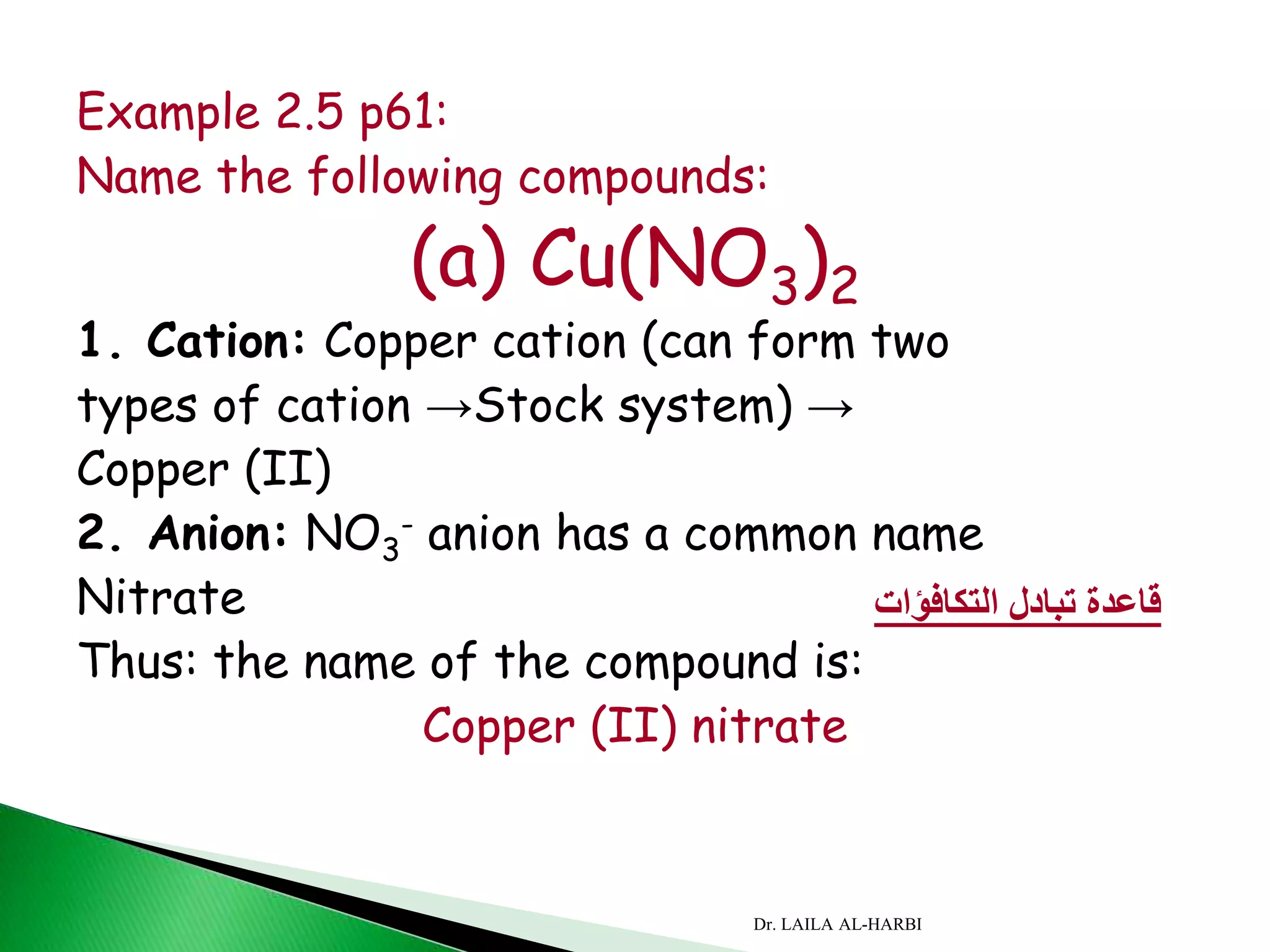 Example 2.5 p61:
Name the following compounds:
(a) Cu(NO3)2
1. Cation: Copper cation (can form two
types of cation →Stock system) →
Copper (II)
2. Anion: NO3
- anion has a common name
Nitrate
Thus: the name of the compound is:
Copper (II) nitrate
‫التكافؤات‬ ‫تبادل‬ ‫قاعدة‬
Dr. LAILA AL-HARBI
 