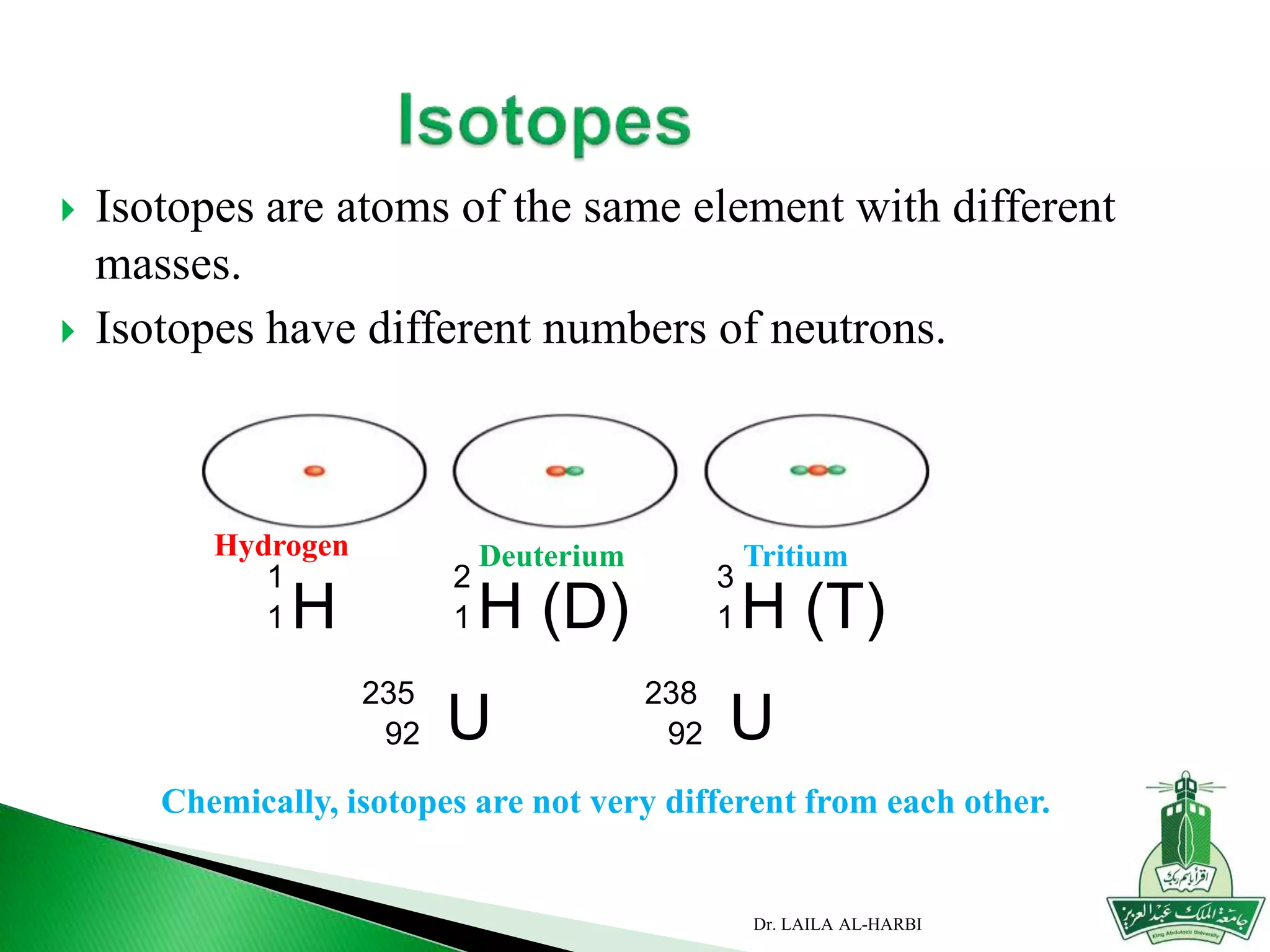Dr. LAILA AL-HARBI
 Isotopes are atoms of the same element with different
masses.
 Isotopes have different numbers of neutrons.
H
1
1 H (D)
2
1 H (T)
3
1
Hydrogen Deuterium Tritium
Chemically, isotopes are not very different from each other.
U
235
92 U
238
92
 