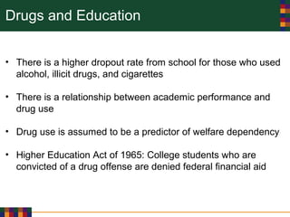 Drugs and Education
• There is a higher dropout rate from school for those who used
alcohol, illicit drugs, and cigarettes
• There is a relationship between academic performance and
drug use
• Drug use is assumed to be a predictor of welfare dependency
• Higher Education Act of 1965: College students who are
convicted of a drug offense are denied federal financial aid
 