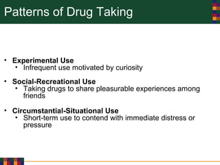 Patterns of Drug Taking
• Experimental Use
• Infrequent use motivated by curiosity
• Social-Recreational Use
• Taking drugs to share pleasurable experiences among
friends
• Circumstantial-Situational Use
• Short-term use to contend with immediate distress or
pressure
 