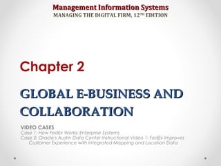 Management Information SystemsManagement Information Systems
MANAGING THE DIGITAL FIRM, 12TH
EDITION
GLOBAL E-BUSINESS ANDGLOBAL E-BUSINESS AND
COLLABORATIONCOLLABORATION
Chapter 2
VIDEO CASES
Case 1: How FedEx Works: Enterprise Systems
Case 2: Oracle's Austin Data Center Instructional Video 1: FedEx Improves
Customer Experience with Integrated Mapping and Location Data
 