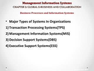 Management Information SystemsManagement Information Systems
CHAPTER 2: GLOBAL E-BUSINESS AND COLLABORATIONCHAPTER 2: GLOBAL E-BUSINESS AND COLLABORATION
Business Processes and Information Systems
© Prentice Hall 201112
• Major Types of Systems In Organizations
1)Transaction Processing Systems(TPS)
2)Management Information Systems(MIS)
3)Decision Support Systems(DBS)
4)Executive Support Systems(ESS)
 