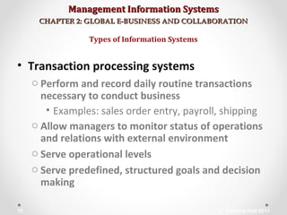 Management Information SystemsManagement Information Systems
CHAPTER 2: GLOBAL E-BUSINESS AND COLLABORATIONCHAPTER 2: GLOBAL E-BUSINESS AND COLLABORATION
• Transaction processing systems
o Perform and record daily routine transactions
necessary to conduct business
• Examples: sales order entry, payroll, shipping
o Allow managers to monitor status of operations
and relations with external environment
o Serve operational levels
o Serve predefined, structured goals and decision
making
Types of Information Systems
© Prentice Hall 201115
 