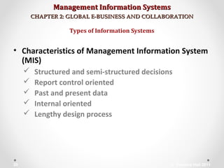 Management Information SystemsManagement Information Systems
CHAPTER 2: GLOBAL E-BUSINESS AND COLLABORATIONCHAPTER 2: GLOBAL E-BUSINESS AND COLLABORATION
• Characteristics of Management Information System
(MIS)
 Structured and semi-structured decisions
 Report control oriented
 Past and present data
 Internal oriented
 Lengthy design process
Types of Information Systems
© Prentice Hall 201120
 