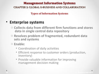 Management Information SystemsManagement Information Systems
CHAPTER 2: GLOBAL E-BUSINESS AND COLLABORATIONCHAPTER 2: GLOBAL E-BUSINESS AND COLLABORATION
• Enterprise systems
o Collects data from different firm functions and stores
data in single central data repository
o Resolves problem of fragmented, redundant data
sets and systems
o Enable:
• Coordination of daily activities
• Efficient response to customer orders (production,
inventory)
• Provide valuable information for improving
management decision making
Types of Information Systems
© Prentice Hall 201128
 