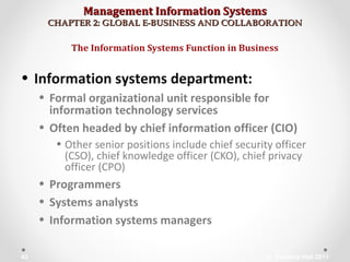 Management Information SystemsManagement Information Systems
CHAPTER 2: GLOBAL E-BUSINESS AND COLLABORATIONCHAPTER 2: GLOBAL E-BUSINESS AND COLLABORATION
• Information systems department:
• Formal organizational unit responsible for
information technology services
• Often headed by chief information officer (CIO)
• Other senior positions include chief security officer
(CSO), chief knowledge officer (CKO), chief privacy
officer (CPO)
• Programmers
• Systems analysts
• Information systems managers
The Information Systems Function in Business
© Prentice Hall 201143
 