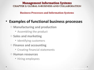 Management Information SystemsManagement Information Systems
CHAPTER 2: GLOBAL E-BUSINESS AND COLLABORATIONCHAPTER 2: GLOBAL E-BUSINESS AND COLLABORATION
• Examples of functional business processes
o Manufacturing and production
• Assembling the product
o Sales and marketing
• Identifying customers
o Finance and accounting
• Creating financial statements
o Human resources
• Hiring employees
Business Processes and Information Systems
© Prentice Hall 20116
 