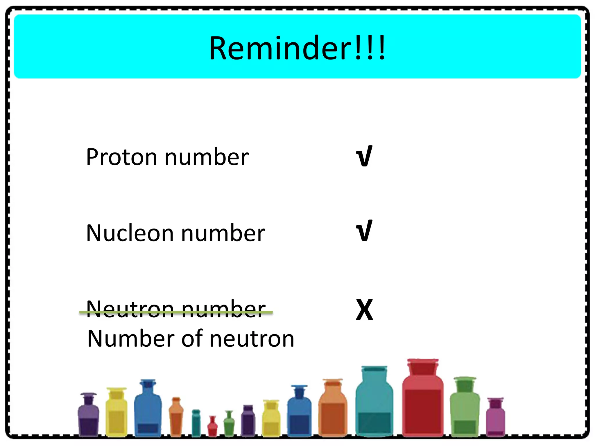 Reminder!!!
Proton number
Nucleon number
Neutron number
√
√
X
Number of neutron
 