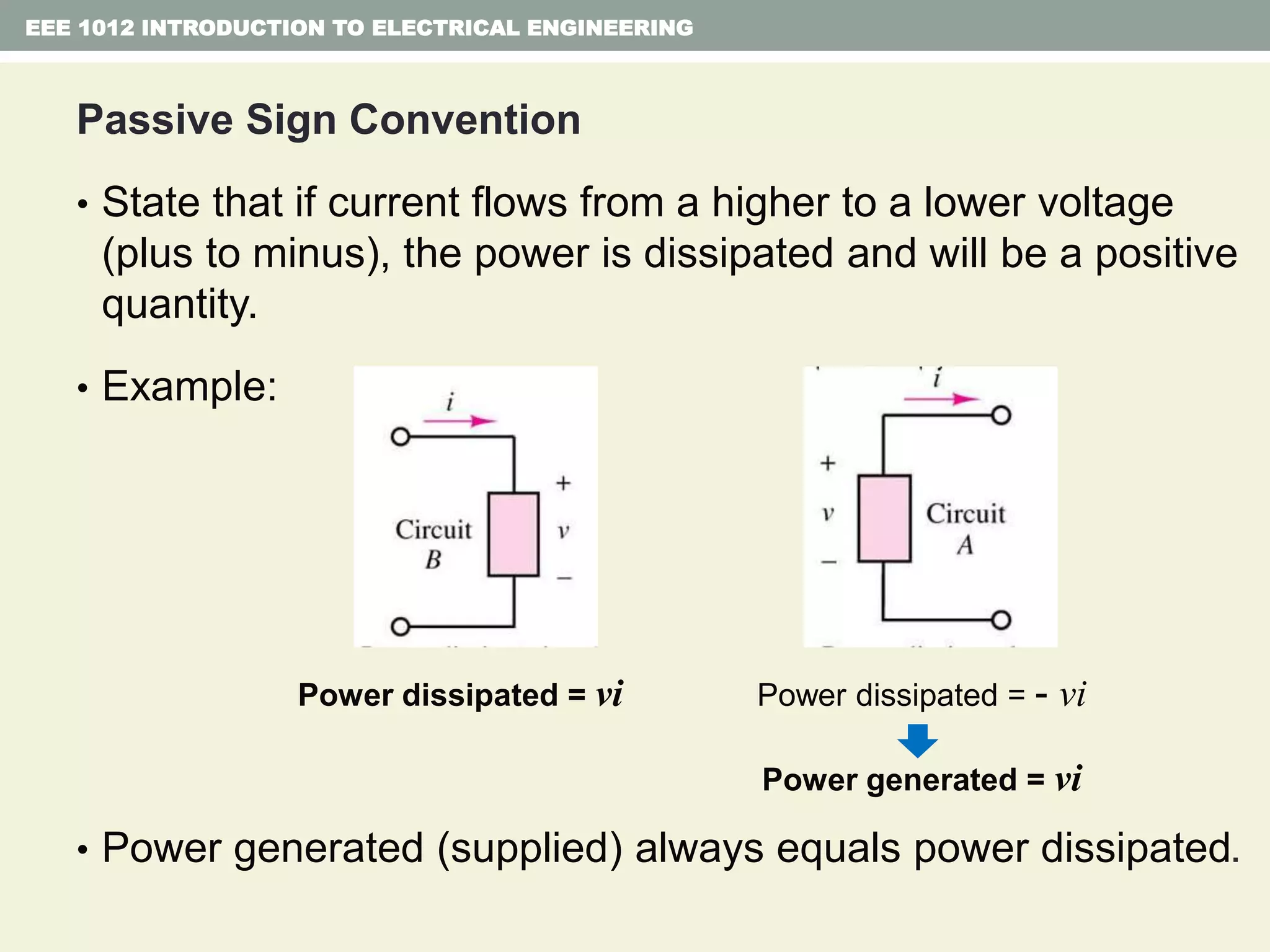 Passive Sign Convention
• State that if current flows from a higher to a lower voltage
(plus to minus), the power is dissipated and will be a positive
quantity.
• Example:
• Power generated (supplied) always equals power dissipated.
EEE 1012 INTRODUCTION TO ELECTRICAL ENGINEERING
Power dissipated = vi Power dissipated = - vi
Power generated = vi
 