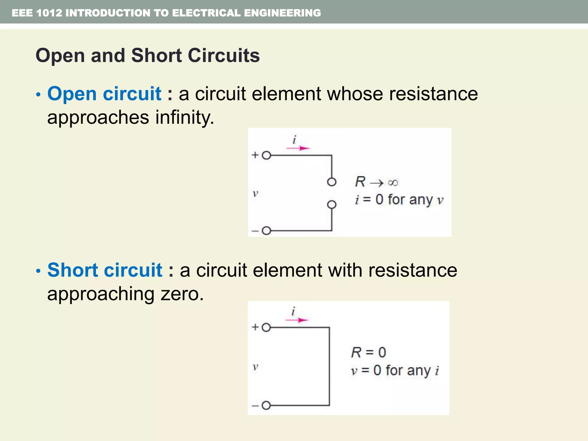 Open and Short Circuits
• Open circuit : a circuit element whose resistance
approaches infinity.
• Short circuit : a circuit element with resistance
approaching zero.
EEE 1012 INTRODUCTION TO ELECTRICAL ENGINEERING
 