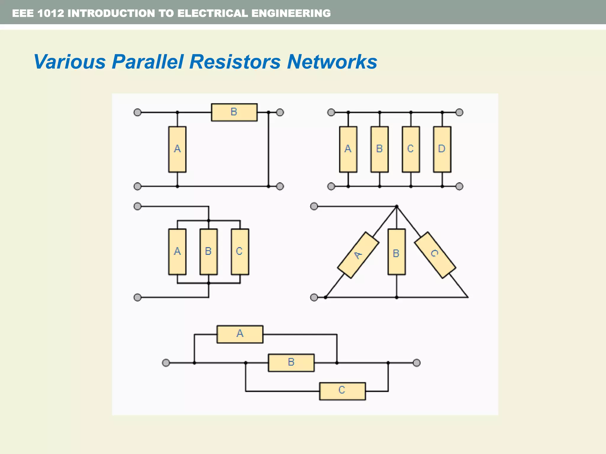 Various Parallel Resistors Networks
EEE 1012 INTRODUCTION TO ELECTRICAL ENGINEERING
 