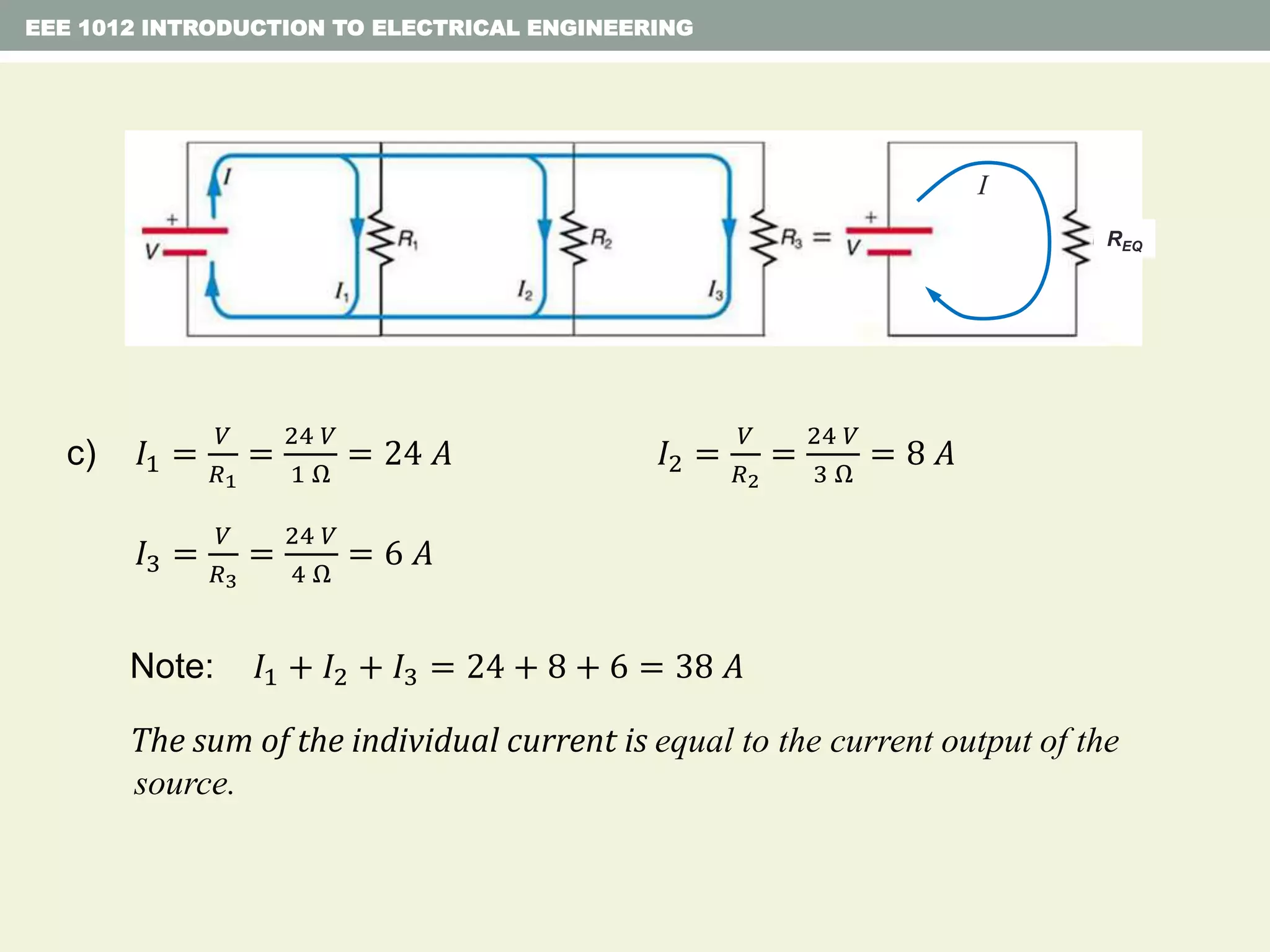 EEE 1012 INTRODUCTION TO ELECTRICAL ENGINEERING
c) 𝐼1 =
𝑉
𝑅1
=
24 𝑉
1 Ω
= 24 𝐴
REQ
I
𝐼2 =
𝑉
𝑅2
=
24 𝑉
3 Ω
= 8 𝐴
𝐼3 =
𝑉
𝑅3
=
24 𝑉
4 Ω
= 6 𝐴
Note: 𝐼1 + 𝐼2 + 𝐼3 = 24 + 8 + 6 = 38 𝐴
The sum of the individual current is equal to the current output of the
source.
 