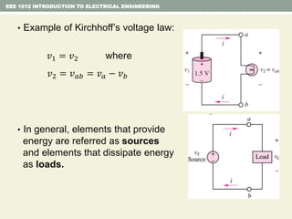 EEE 1012 INTRODUCTION TO ELECTRICAL ENGINEERING
• Example of Kirchhoff’s voltage law:
𝑣1 = 𝑣2 where
𝑣2 = 𝑣 𝑎𝑏 = 𝑣 𝑎 − 𝑣 𝑏
• In general, elements that provide
energy are referred as sources
and elements that dissipate energy
as loads.
 