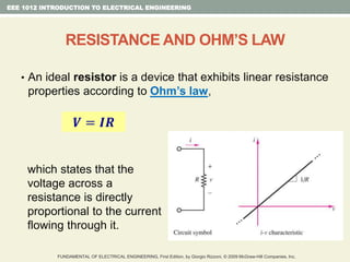 • An ideal resistor is a device that exhibits linear resistance
properties according to Ohm’s law,
which states that the
voltage across a
resistance is directly
proportional to the current
flowing through it.
EEE 1012 INTRODUCTION TO ELECTRICAL ENGINEERING
RESISTANCE AND OHM’S LAW
𝑽 = 𝑰𝑹
FUNDAMENTAL OF ELECTRICAL ENGINEERING, First Edition, by Giorgio Rizzoni, © 2009 McGraw-Hill Companies, Inc.
 