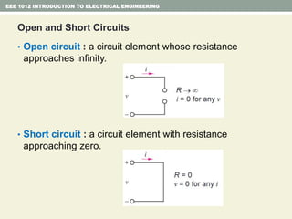 Open and Short Circuits
• Open circuit : a circuit element whose resistance
approaches infinity.
• Short circuit : a circuit element with resistance
approaching zero.
EEE 1012 INTRODUCTION TO ELECTRICAL ENGINEERING
 