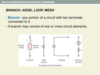 BRANCH, NODE, LOOP, MESH
• Branch : any portion of a circuit with two terminals
connected to it.
• A branch may consist of one or more circuit elements.
EEE 1012 INTRODUCTION TO ELECTRICAL ENGINEERING
 