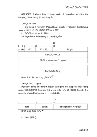 Ch¬ng2 ChuÈn H.323
Gãi SDES cã khu«n d¹ng nh trong h×nh 2.9 bao gåm mét phÇn tiªu
®Ò vµ c¸c ®o¹n th«ng tin m« t¶ nguån.
1/PhÇn tiªu ®Ò
- C¸c trêng V (version), P (padding), length, PT (packet type) mang
ý nghÜa gièng nh cña gãi SR, PT b»ng 202.
- SC (Source count): 5 bits.
Sè lîng cña c¸c ®o¹n th«ng tin m« t¶ nguån.
0 2 3 8
16
31
V=2 P SC PT = 202 length
SSRC/CSRC_1
SDES c¸c môc m« t¶ nguån
...
SSRC/CSRC_2
...
H×nh 2.9 Khu«n d¹ng gãi SDES
2/PhÇn miªu t¶ nguån
Mçi ®o¹n th«ng tin miªu t¶ nguån bao gåm mét cÆp sè nhËn d¹ng
nguån SSRC/CSRC theo sau ®ã lµ c¸c môc miªu t¶ (SDES Items). C¸c
môc miªu t¶ cã cÊu tróc chung nh h×nh 2.10.
0 8
16
31
Item length Th«ng tin m« t¶ nguån
H×nh 2.10 Môc miªu t¶
- Item (8 bits).
Trang 43
 