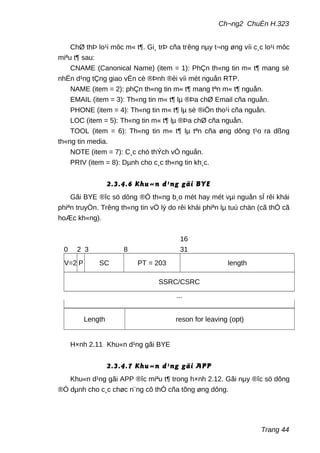 Ch¬ng2 ChuÈn H.323
ChØ thÞ lo¹i môc m« t¶. Gi¸ trÞ cña trêng nµy t¬ng øng víi c¸c lo¹i môc
miªu t¶ sau:
CNAME (Canonical Name) (item = 1): PhÇn th«ng tin m« t¶ mang sè
nhËn d¹ng tÇng giao vËn cè ®Þnh ®èi víi mét nguån RTP.
NAME (item = 2): phÇn th«ng tin m« t¶ mang tªn m« t¶ nguån.
EMAIL (item = 3): Th«ng tin m« t¶ lµ ®Þa chØ Email cña nguån.
PHONE (item = 4): Th«ng tin m« t¶ lµ sè ®iÖn tho¹i cña nguån.
LOC (item = 5): Th«ng tin m« t¶ lµ ®Þa chØ cña nguån.
TOOL (item = 6): Th«ng tin m« t¶ lµ tªn cña øng dông t¹o ra dßng
th«ng tin media.
NOTE (item = 7): C¸c chó thÝch vÒ nguån.
PRIV (item = 8): Dµnh cho c¸c th«ng tin kh¸c.
2.3.4.6 Khu«n d¹ng gãi BYE
Gãi BYE ®îc sö dông ®Ó th«ng b¸o mét hay mét vµi nguån sÏ rêi khái
phiªn truyÒn. Trêng th«ng tin vÒ lý do rêi khái phiªn lµ tuú chän (cã thÓ cã
hoÆc kh«ng).
0 2 3 8
16
31
V=2 P SC PT = 203 length
SSRC/CSRC
...
Length reson for leaving (opt)
H×nh 2.11 Khu«n d¹ng gãi BYE
2.3.4.7 Khu«n d¹ng gãi APP
Khu«n d¹ng gãi APP ®îc miªu t¶ trong h×nh 2.12. Gãi nµy ®îc sö dông
®Ó dµnh cho c¸c chøc n¨ng cô thÓ cña tõng øng dông.
Trang 44
 