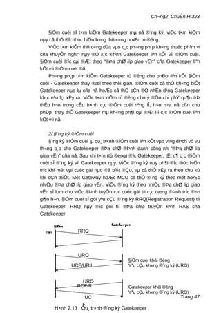 Ch¬ng2 ChuÈn H.323
§iÓm cuèi sÏ t×m kiÕm Gatekeeper mµ nã ®¨ng ký, viÖc t×m kiÕm
nµy cã thÓ ®îc thùc hiÖn b»ng thñ c«ng hoÆc tù ®éng.
ViÖc t×m kiÕm thñ c«ng dùa vµo c¸c ph¬ng ph¸p kh«ng thuéc ph¹m vi
cña khuyÕn nghÞ nµy ®Ó x¸c ®Þnh Gatekeeper liªn kÕt víi ®iÓm cuèi.
§iÓm cuèi ®îc cµi ®Æt theo "®Þa chØ líp giao vËn” cña Gatekeeper liªn
kÕt víi ®iÓm cuèi ®ã.
Ph¬ng ph¸p t×m kiÕm Gatekeeper tù ®éng cho phÐp liªn kÕt §iÓm
cuèi - Gatekeeper thay ®æi theo thêi gian, ®iÓm cuèi cã thÓ kh«ng biÕt
Gatekeeper nµo lµ cña nã hoÆc cã thÓ cÇn ®Ó nhËn d¹ng Gatekeeper
kh¸c nªu lçi xÈy ra. ViÖc t×m kiÕm tù ®éng chó ý ®Õn chi phÝ qu¶n trÞ
thÊp h¬n trong cÊu h×nh c¸c ®iÓm cuèi riªng lÎ, h¬n n÷a nã cßn cho
phÐp thay thÕ Gatekeeper mµ kh«ng ph¶i cµi ®Æt l¹i c¸c ®iÓm cuèi liªn
kÕt víi nã.
2/ §¨ng ký ®iÓm cuèi
§¨ng ký ®iÓm cuèi lµ qu¸ tr×nh ®iÓm cuèi liªn kÕt vµo vïng dÞch vô vµ
th«ng b¸o cho Gatekeeper ®Þa chØ ®Þnh danh còng nh “®Þa chØ líp
giao vËn” cña nã. Sau khi t×m (tù ®éng) ®îc Gatekeeper, tÊt c¶ c¸c ®iÓm
cuèi sÏ ®¨ng ký víi Gatekeeper nµy. ViÖc ®¨ng ký nµy ph¶i ®îc thùc hiÖn
tríc khi mét vµi cuéc gäi nµo ®ã b¾t ®Çu, vµ cã thÓ xÈy ra theo chu kú
khi cÇn thiÕt. Mét Gateway hoÆc MCU cã thÓ ®¨ng ký theo mét hoÆc
nhiÒu ®Þa chØ líp giao vËn. ViÖc ®¨ng ký theo nhiÒu ®Þa chØ líp giao
vËn sÏ lµm cho viÖc ®Þnh tuyÕn c¸c cuéc gäi tíi c¸c cæng ®Þnh tríc ®¬n
gi¶n h¬n. §iÓm cuèi sÏ göi yªu cÇu ®¨ng ký RRQ(Registration Request) tíi
Gatekeeper, RRQ nµy ®îc göi tíi ®Þa chØ truyÒn kªnh RAS cña
Gatekeeper.
Trang 47
RCF/R
RJ
§iÓm cuèi khëi ®éng
Yªu cÇu kh«ng ®¨ng ký (URQ)
Gatekeeper khëi ®éng
Yªu cÇu kh«ng ®¨ng ký (URQ)
RRQ
UCF/URJ
URQ
UC
F
URQ
§iÓm
cuèi
Gatekeeper
H×nh 2.13 Qu¸ tr×nh ®¨ng ký Gatekeeper
 