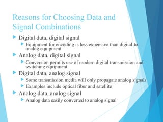 Reasons for Choosing Data and
Signal Combinations
 Digital data, digital signal
 Equipment for encoding is less expensive than digital-to-
analog equipment
 Analog data, digital signal
 Conversion permits use of modern digital transmission and
switching equipment
 Digital data, analog signal
 Some transmission media will only propagate analog signals
 Examples include optical fiber and satellite
 Analog data, analog signal
 Analog data easily converted to analog signal
 