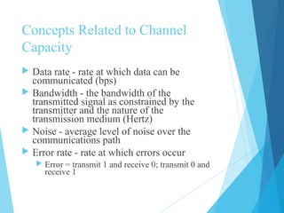 Concepts Related to Channel
Capacity
 Data rate - rate at which data can be
communicated (bps)
 Bandwidth - the bandwidth of the
transmitted signal as constrained by the
transmitter and the nature of the
transmission medium (Hertz)
 Noise - average level of noise over the
communications path
 Error rate - rate at which errors occur
 Error = transmit 1 and receive 0; transmit 0 and
receive 1
 