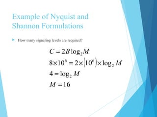 Example of Nyquist and
Shannon Formulations
 How many signaling levels are required?
( )
16
log4
log102108
log2
2
2
66
2
=
=
××=×
=
M
M
M
MBC
 