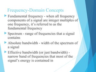 Frequency-Domain Concepts
 Fundamental frequency - when all frequency
components of a signal are integer multiples of
one frequency, it’s referred to as the
fundamental frequency
 Spectrum - range of frequencies that a signal
contains
 Absolute bandwidth - width of the spectrum of
a signal
 Effective bandwidth (or just bandwidth) -
narrow band of frequencies that most of the
signal’s energy is contained in
 