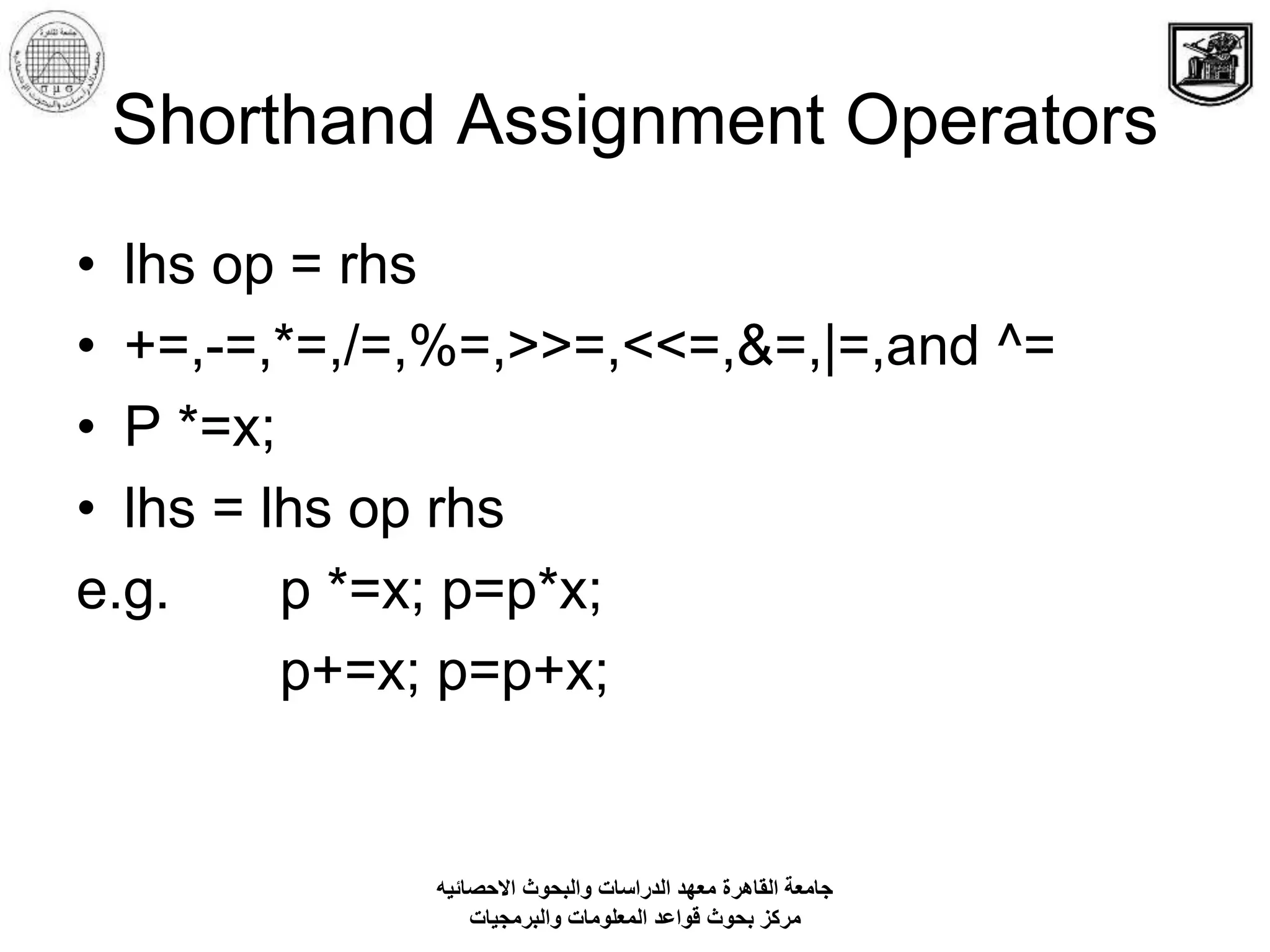 Shorthand Assignment Operators
• lhs op = rhs
• +=,-=,*=,/=,%=,>>=,<<=,&=,|=,and ^=
• P *=x;
• lhs = lhs op rhs
e.g. p *=x; p=p*x;
p+=x; p=p+x;
‫االحصائيه‬ ‫والبحوث‬ ‫الدراسات‬ ‫معهد‬ ‫القاهرة‬ ‫جامعة‬
‫والبرمجيات‬ ‫المعلومات‬ ‫قواعد‬ ‫بحوث‬ ‫مركز‬
 