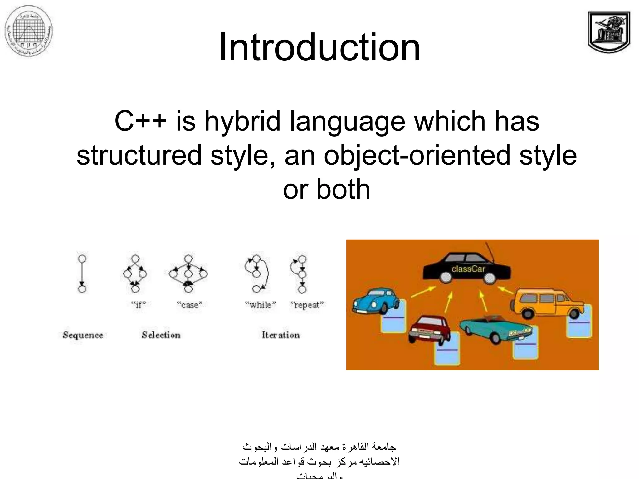 C++ is hybrid language which has
structured style, an object-oriented style
or both
Introduction
‫والبحوث‬ ‫الدراسات‬ ‫معهد‬ ‫القاهرة‬ ‫جامعة‬
‫المعلومات‬ ‫قواعد‬ ‫بحوث‬ ‫مركز‬ ‫االحصائيه‬
 