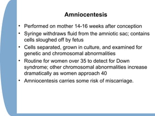 Amniocentesis
• Performed on mother 14-16 weeks after conception
• Syringe withdraws fluid from the amniotic sac; contains
cells sloughed off by fetus
• Cells separated, grown in culture, and examined for
genetic and chromosomal abnormalities
• Routine for women over 35 to detect for Down
syndrome; other chromosomal abnormalities increase
dramatically as women approach 40
• Amniocentesis carries some risk of miscarriage.
 