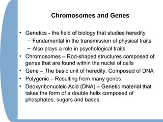 Chromosomes and Genes
• Genetics - the field of biology that studies heredity
– Fundamental in the transmission of physical traits
– Also plays a role in psychological traits
• Chromosomes – Rod-shaped structures composed of
genes that are found within the nuclei of cells
• Gene – The basic unit of heredity. Composed of DNA
• Polygenic – Resulting from many genes
• Deoxyribonucleic Acid (DNA) – Genetic material that
takes the form of a double helix composed of
phosphates, sugars and bases.
 