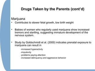 Drugs Taken by the Parents (cont’d)
Marijuana
• Contributes to slower fetal growth, low birth weight
• Babies of women who regularly used marijuana show increased
tremors and startling, suggesting immature development of the
nervous system.
• Study by Goldschmidt et al. (2000) indicates prenatal exposure to
marijuana can result in
-increased hyperactivity
-impulsivity
-problems paying attention
-increased delinquency and aggressive behavior
 