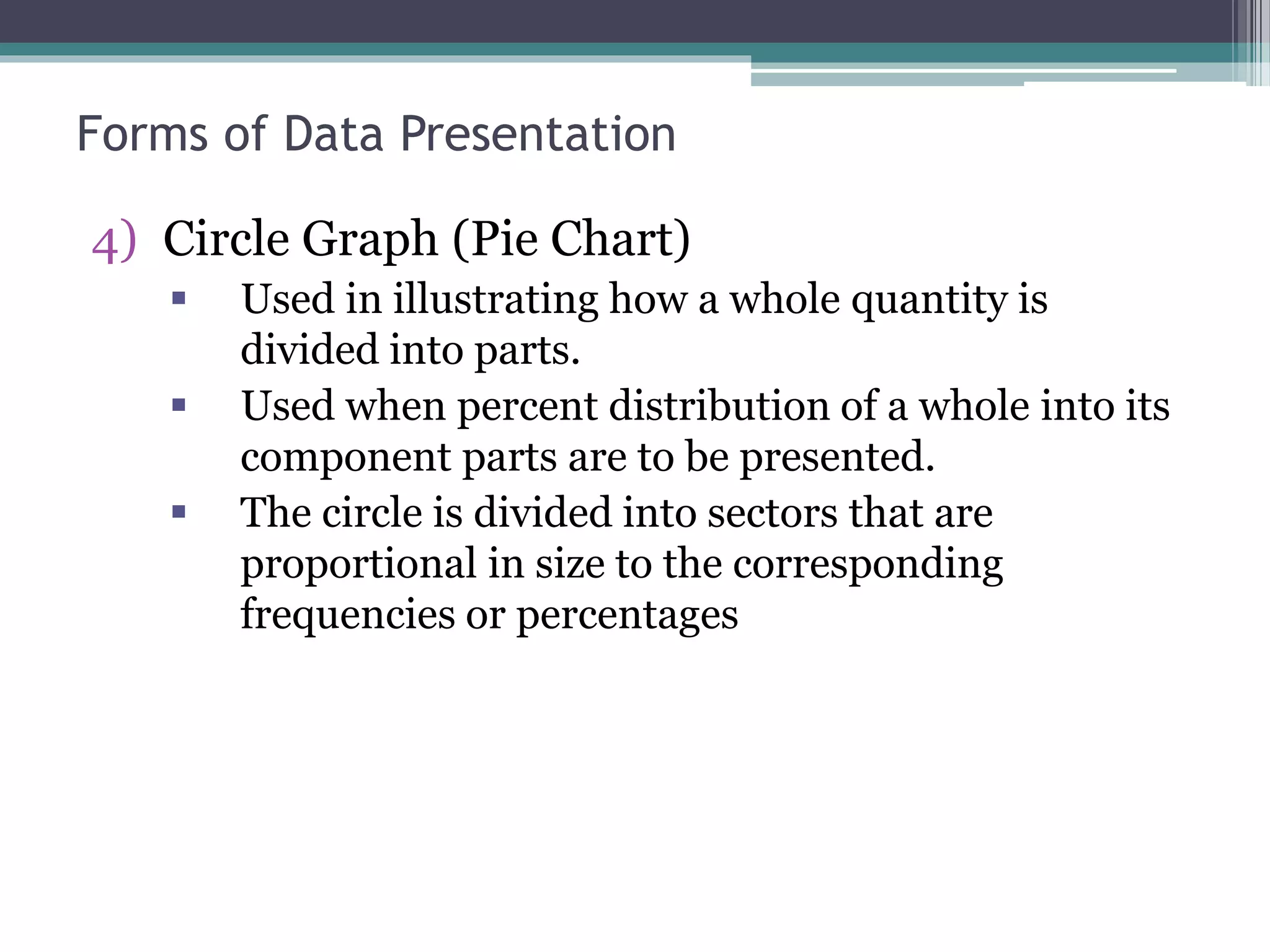 4) Circle Graph (Pie Chart)
 Used in illustrating how a whole quantity is
divided into parts.
 Used when percent distribution of a whole into its
component parts are to be presented.
 The circle is divided into sectors that are
proportional in size to the corresponding
frequencies or percentages
Forms of Data Presentation
 