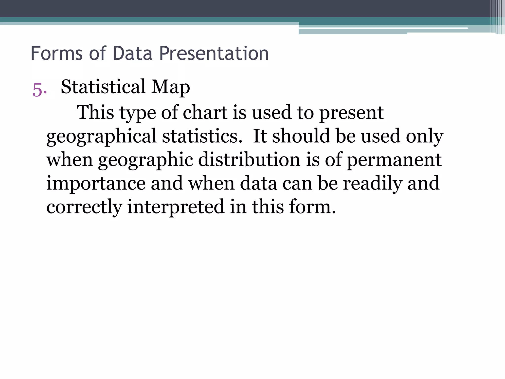 5. Statistical Map
This type of chart is used to present
geographical statistics. It should be used only
when geographic distribution is of permanent
importance and when data can be readily and
correctly interpreted in this form.
Forms of Data Presentation
 