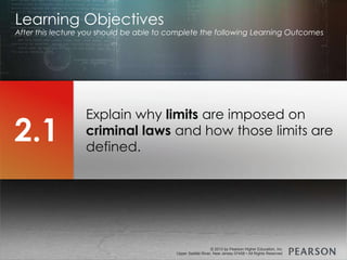 © 2013 by Pearson Higher Education, Inc
Upper Saddle River, New Jersey 07458 • All Rights Reserved
© 2013 by Pearson Higher Education, Inc
Upper Saddle River, New Jersey 07458 • All Rights Reserved
Explain why limits are imposed on
criminal laws and how those limits are
defined.
Learning Objectives
After this lecture you should be able to complete the following Learning Outcomes
2.1
 