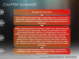 © 2013 by Pearson Higher Education, Inc
Upper Saddle River, New Jersey 07458 • All Rights Reserved
© 2013 by Pearson Higher Education, Inc
Upper Saddle River, New Jersey 07458 • All Rights Reserved
2.9
2.10
See page 78 for Key Terms
Fear of violent crime remains high. Despite falling rates of violent crime
nationwide, crime remains a serious problem that is drawing significant
attention. That attention increasingly is drawn to the highest-risk group—
the young.
2.11
Males comprise 82 percent of arrests for violent crime, although the rate
of female arrests is rising slowly. Women are more likely to commit
crimes against intimates, relatives, or acquaintances than are men.
Whites account for 68 percent of all arrests, while blacks are arrested for
30 percent of all crimes. Except for the crime of rape, males are
victimized by violent crimes at a rate almost twice that for women.
Women are the victims of property crimes at a rate similar to that for
men. Blacks are victims of violent crime at higher rates than any other
race. Hispanics have crime victimization rates lower than that of whites
and blacks.
Analysis of criminal incidents to isolate the precise characteristics
of offenders, victims, and situations in order to better understand and
prevent crime.
2.12
CHAPTER SUMMARY
 