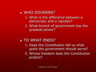 Copyright © 2011 Cengage
 WHO GOVERNS?
1. What is the difference between a
democracy and a republic?
2. What branch of government has the
greatest power?
 TO WHAT ENDS?
1. Does the Constitution tell us what
goals the government should serve?
2. Whose freedom does the Constitution
protect?
 