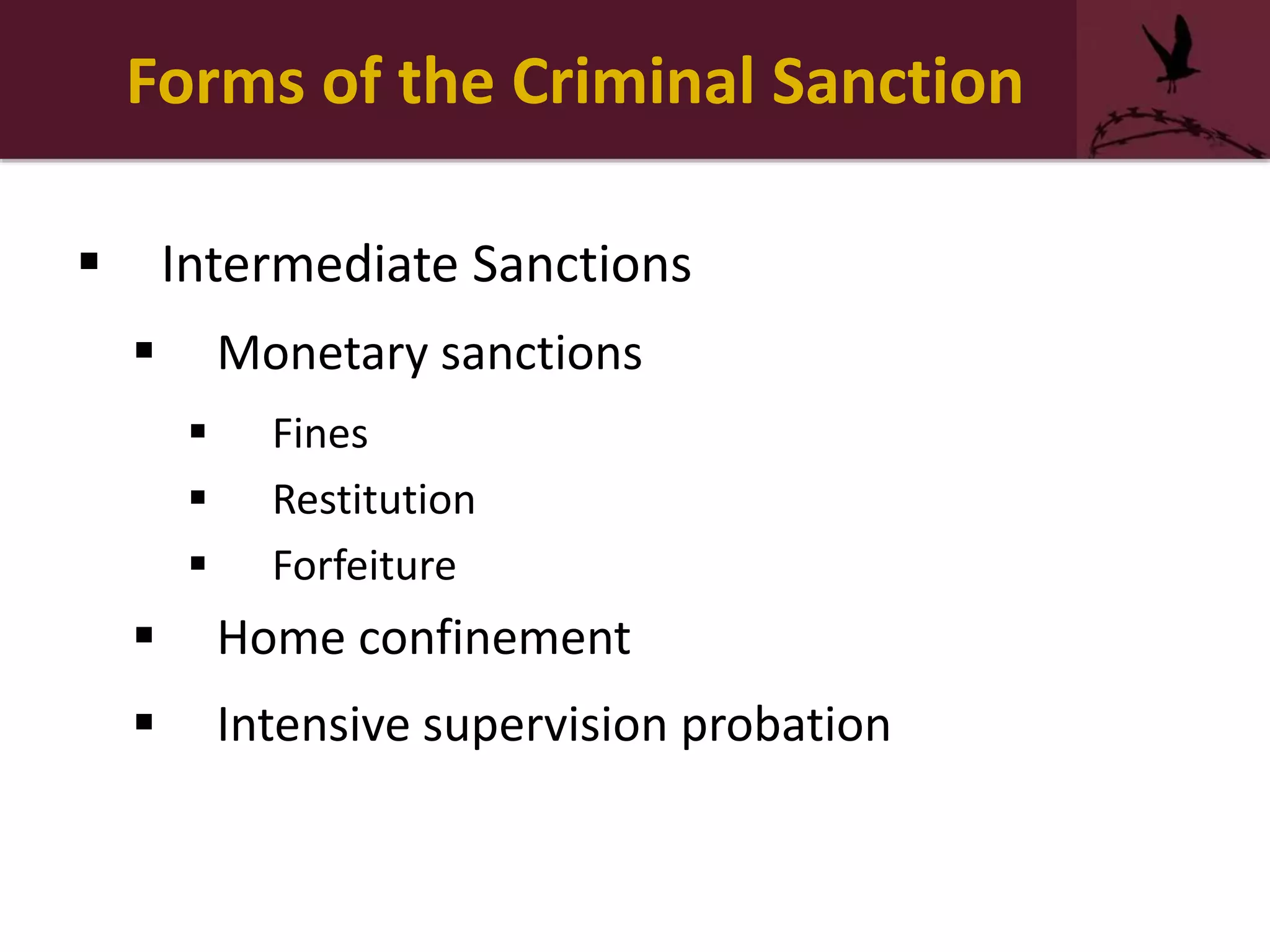 Forms of the Criminal Sanction
 Intermediate Sanctions
 Monetary sanctions
 Fines
 Restitution
 Forfeiture
 Home confinement
 Intensive supervision probation
 